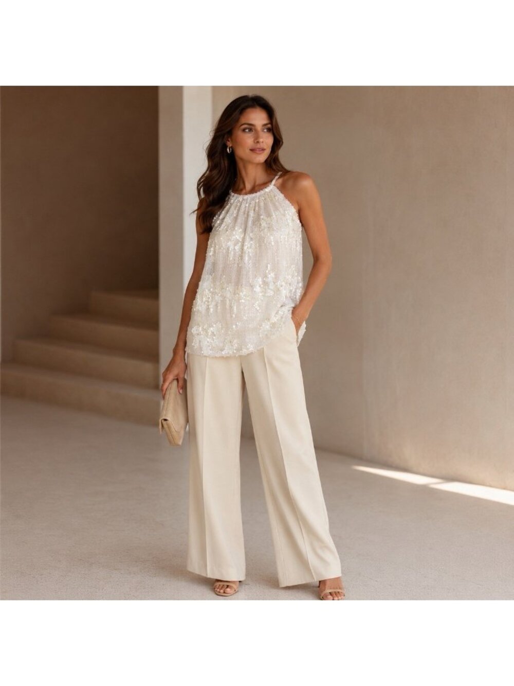 Gold Hawk Small Ivory Sequins Halter Tank Blouse Lined Elegant Minimalist NWT